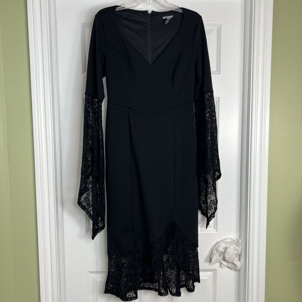 Hot Topic Lace Flared Sleeve Vamp Long Dress L Black Whimsygoth Witchy Fairy